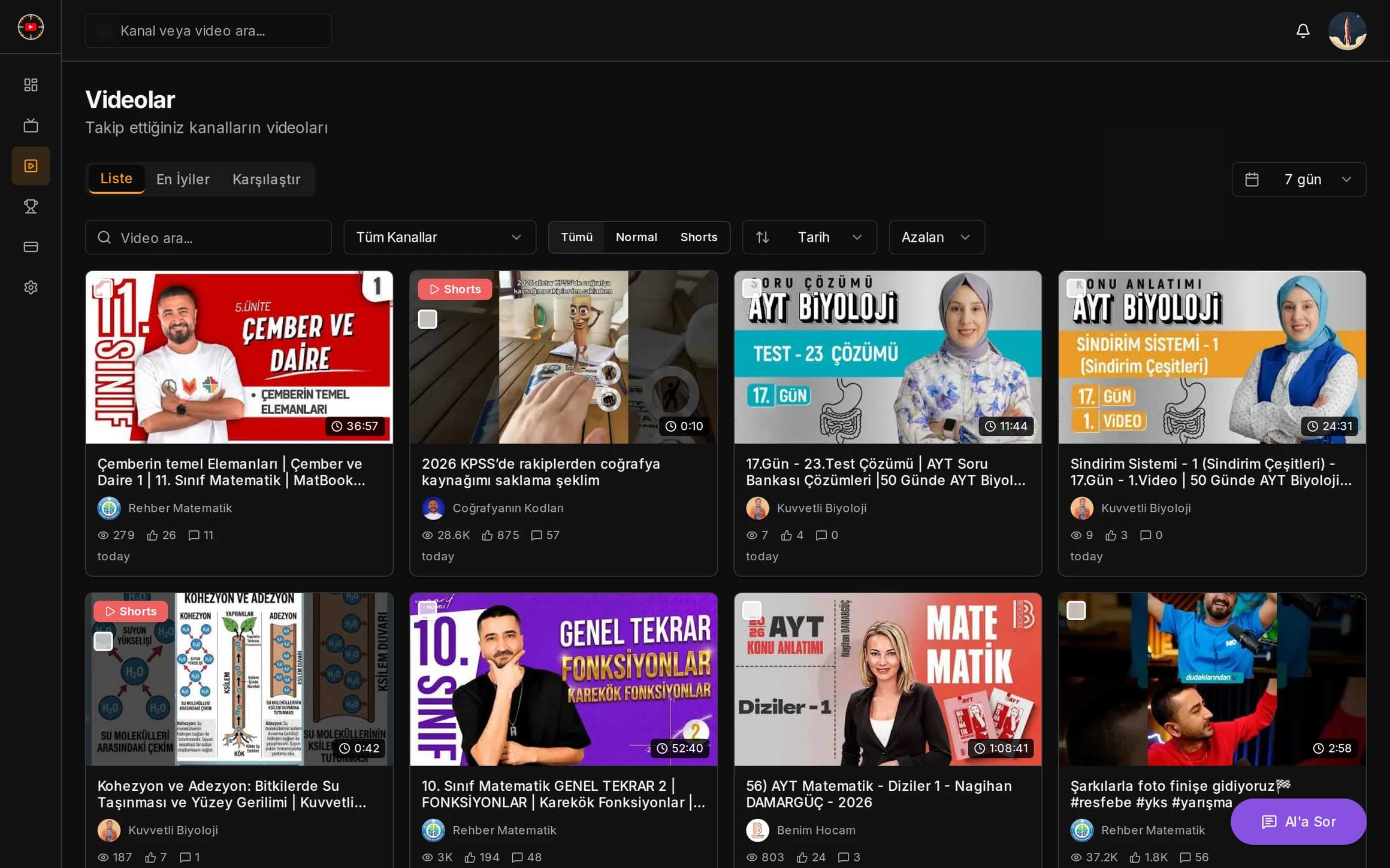 Videolar Liste sekmesi